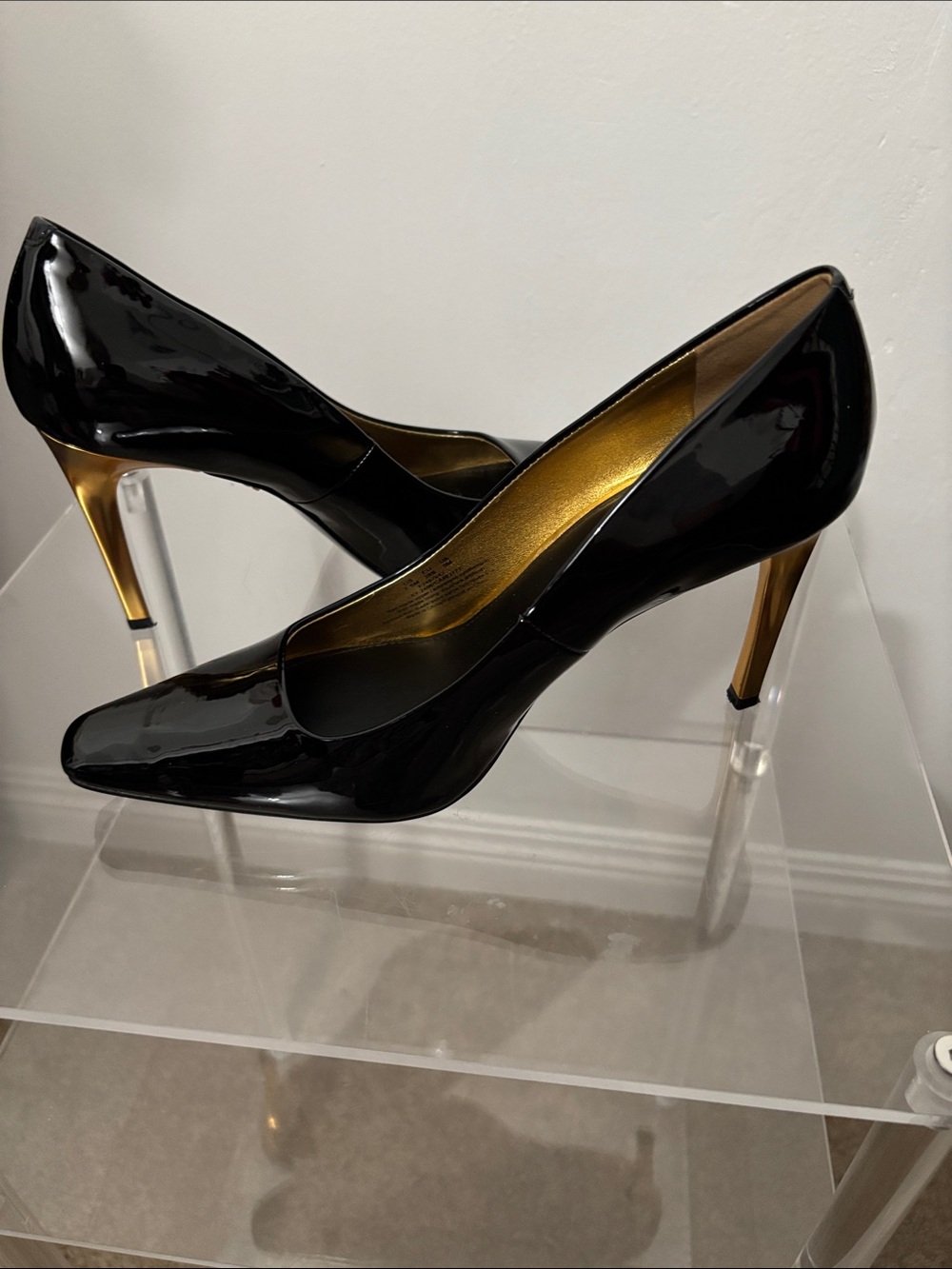 DKNYC Black Patent Pumps with Gold Interior and Heels